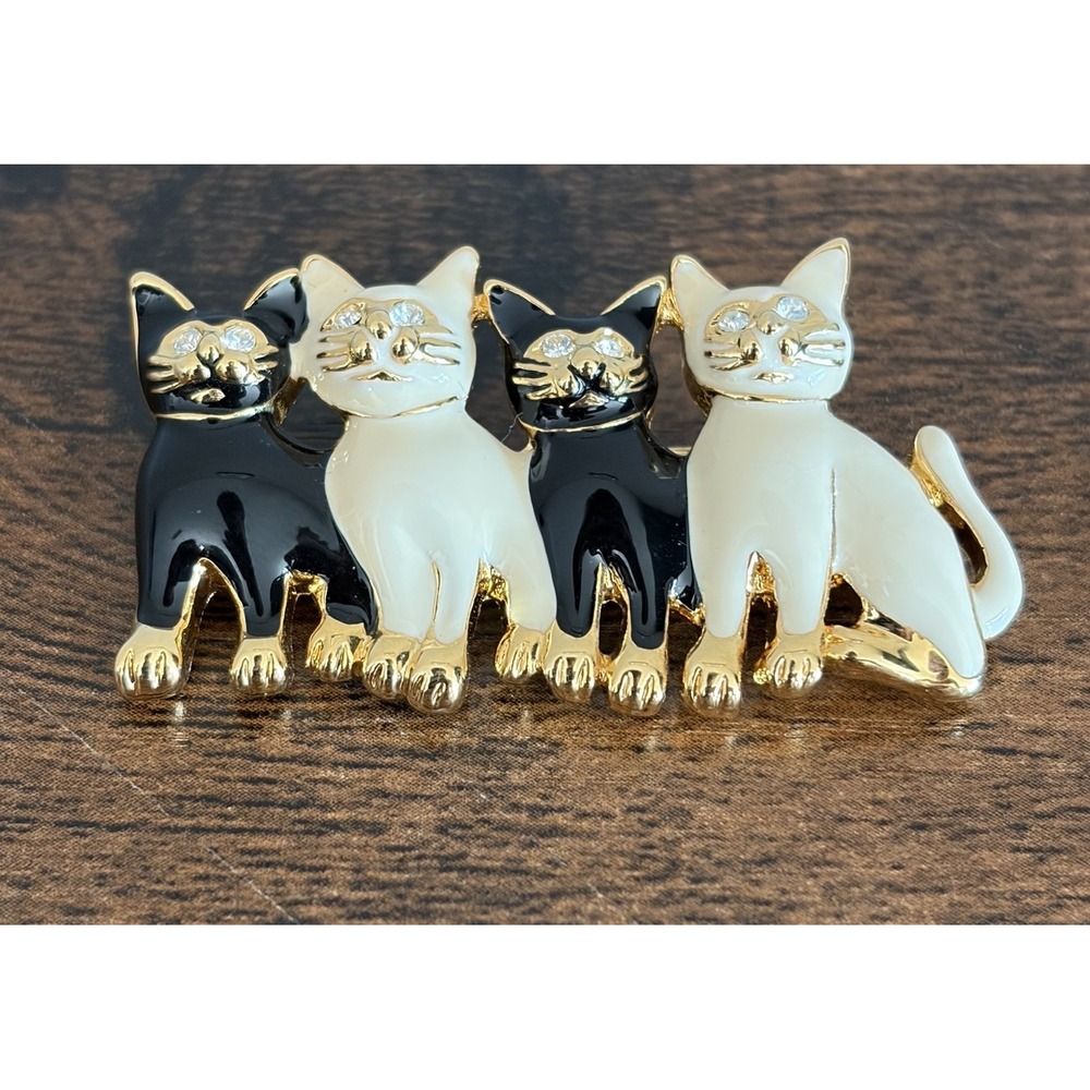 Vtg 4 Black White Enamel Kitty Cat Brooch Gold With Clear Rhinestones Eyes